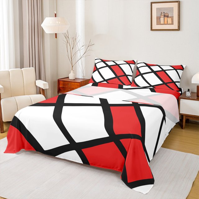Erosebridal Abstract Geometry Grid Sheet Set Twin,Red Aesthetic Art Bedding Sets Twin Size,Geometric Pattern Twin Sheet Sets,Microfiber Room Decoration,3-Piece