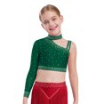 thumbnail image 1 of Manyakai Kids Girls Shiny Rhinestone Jazz Latin Modern Lyrical Dance Crop Tops Irregular Shoulder Green 6, 1 of 7