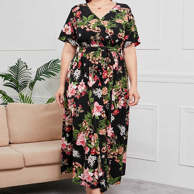 Robes pour Femmes Robe d'Été Imprimée Grande Taille Col en V Manches Courtes Taille Élastique Robe de Plage Robe de Soleil Robe Midi Fluide à Volants en Solde