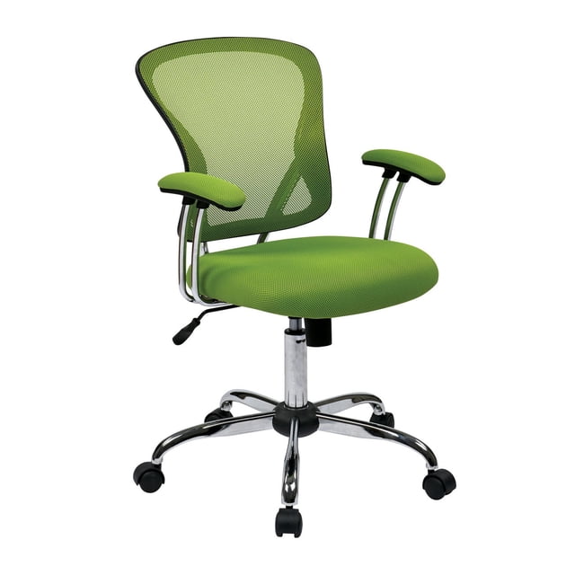 Juliana Task Chair with green mesh fabric seat and backrest, padded armrests, chrome five-star base with dual-wheel carpet casters, and adjustable seat height lever, shown front 3/4 on white background, suitable for office or study use.