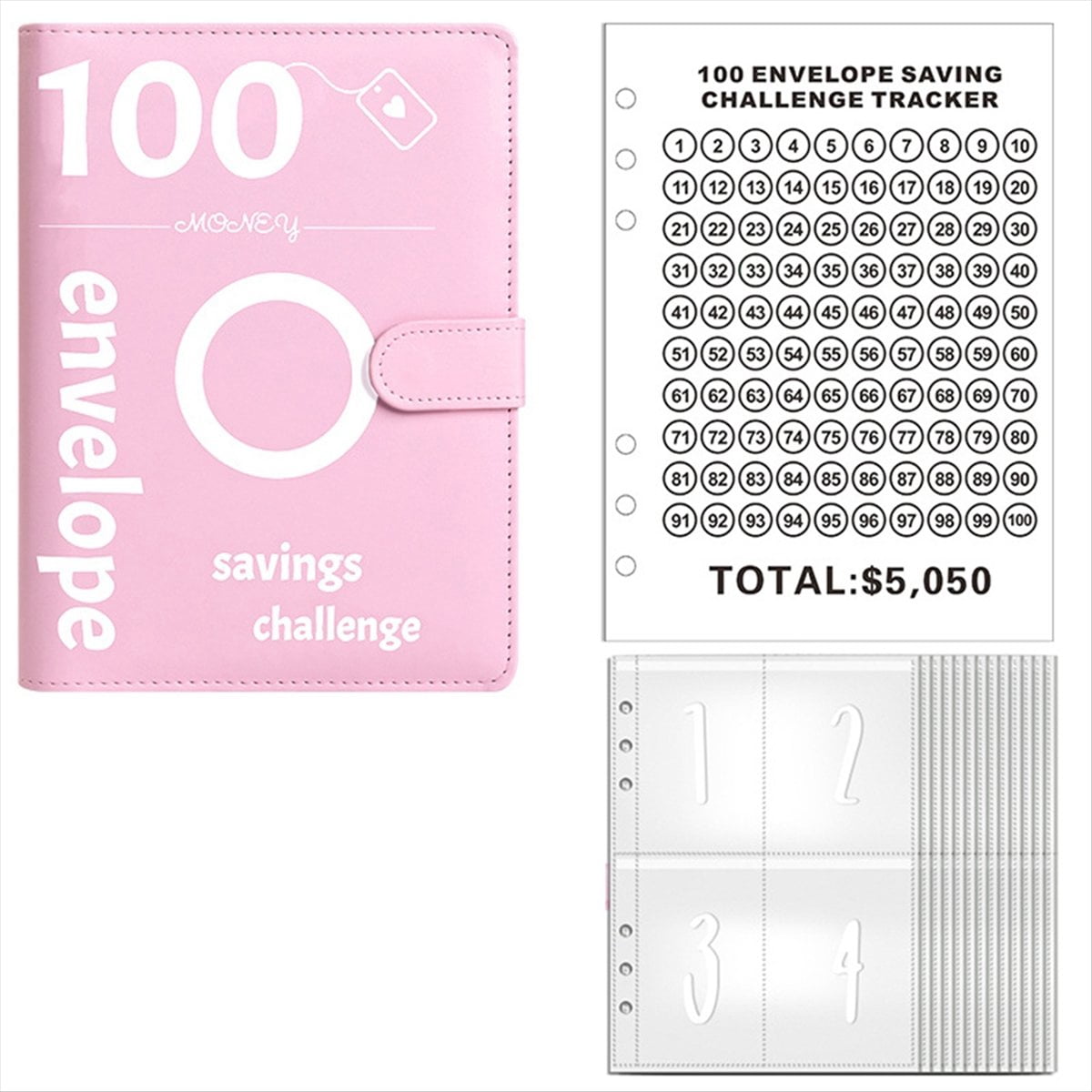 100 Envelopes Money Saving Challenge, 100 Envelope Challenge Binder, Money Saving Binder, Budget Book (Pink),1 * Challenge Money Saving Binder Kit,Pink