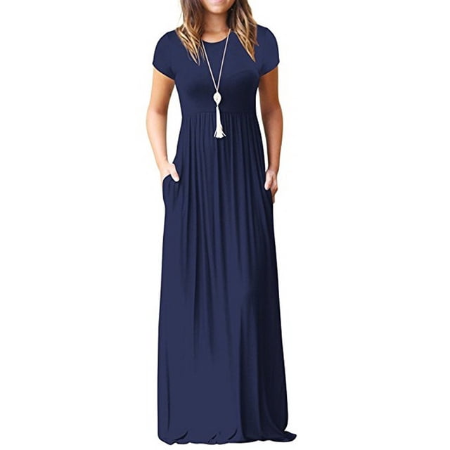 Robe Maxi d'Été à Manches Courtes Unie pour Femmes avec Poche