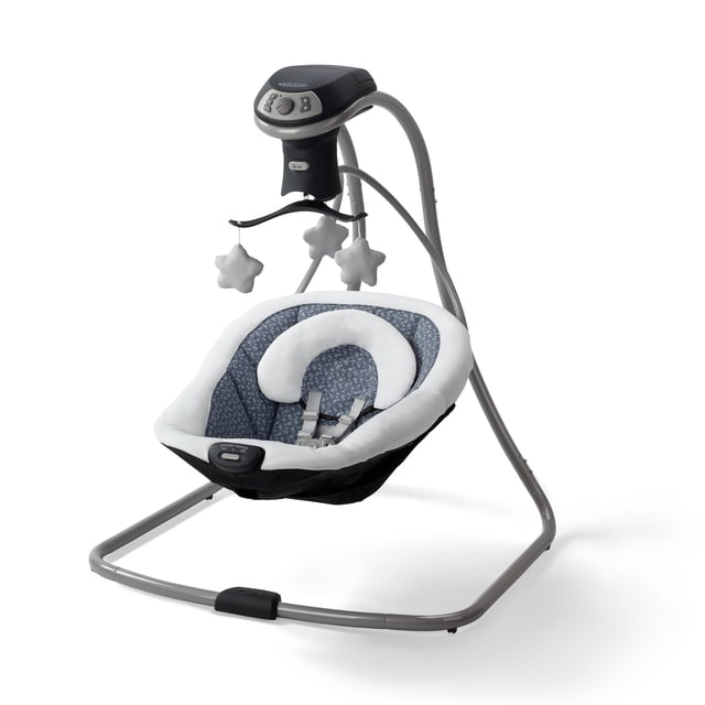 Graco Simple Sway LX Balançoire pour Bébé avec Chaise Longue Multidirectionnelle, Hutton Chaise Longue Multidirectionnelle Laissant le Nourrisson face vers la Droite, l'Avant Ou la Gauche et Commutateur Côté à Côté pour Mouvement Tête-à-Orteil. Alimentation par Brancher Ou par Pile, 6 Vitesses de Balançoire, vibration à 2 Vitesses, 15 Chansons/sons, Soutien de Tête pour Nourrisson Amovible, mobile avec 3 Jouets en Peluche, Harnais à 5 Points, pour 2,5 kg–14 kg (5,5–30 lb