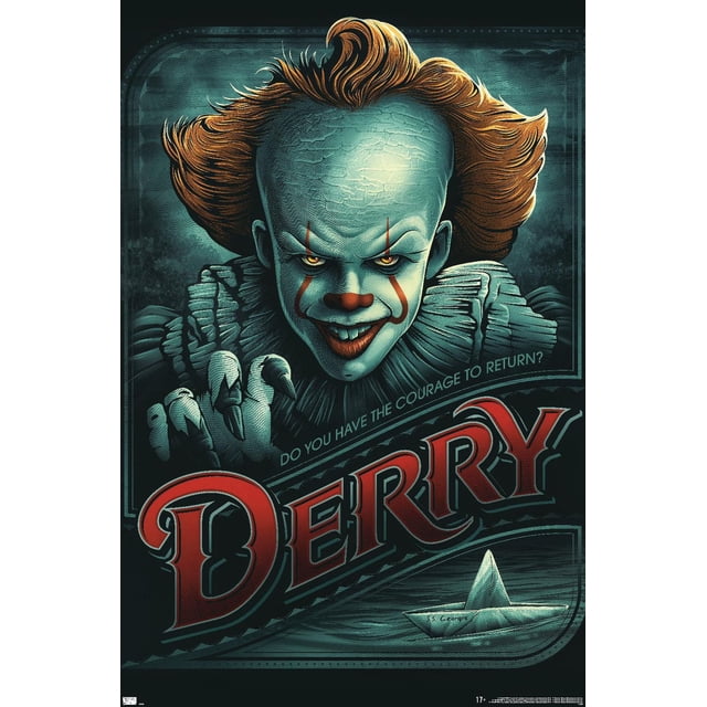 IT - Pennywise Derry Affiche Murale, 14,725 Po x 22,375 Po Encadrée Présentant une illustration de Pennywise le clown Orienté vers l'Avant avec des Cheveux orange Vif et un Col à Volants, Se Tendant vers l'Avant avec des Doigts Griffés. l'Arrière-plan Sarcelle Foncé Comprend la phrase « Avez-Vous le courage de Revenir? » Au‐dessus des Grandes Lettres Rouges Épelant « Derry » et un Bateau en Papier Étiqueté « S.S. Geor