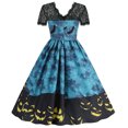 thumbnail image 4 of EGNMCR Robe d'Halloween pour Femmes Vacances Vintage Citrouilles Château Imprimé Dentelle Patchwork Col Rond Manches Courtes Corset Ourlet Froncé Robes Midi Décontractées, 4 of 8