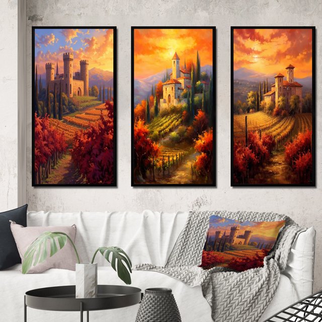 Designart "Beautiful Sunset over Old Castle in Italian Vineyard I" Castles Framed Wall Art Set Of 3 - Red Traditional Frame Gallery Set For Office Decor