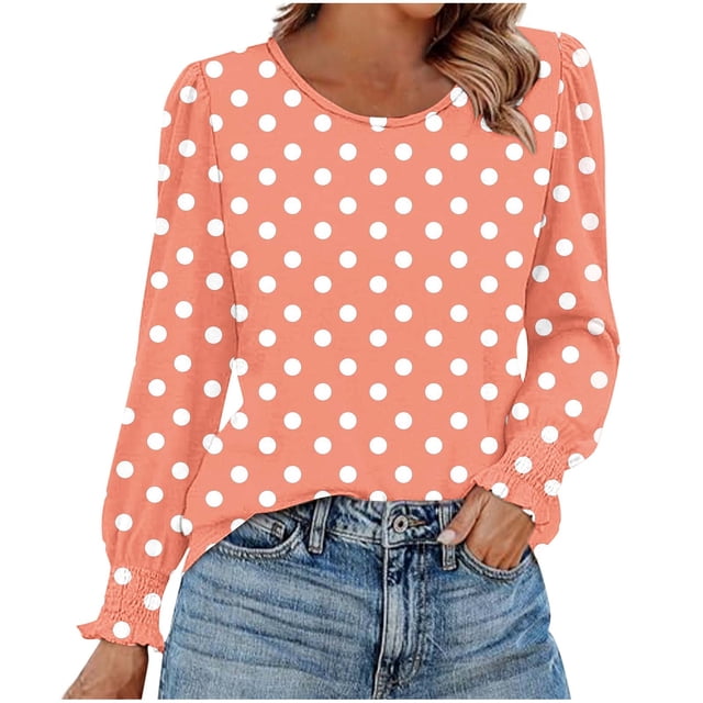 HAiming Chemises à Pois pour Femmes Décontractées à Col Rond Hauts à Volants Plissés Blouse Basique Chic T-Shirts de Travail