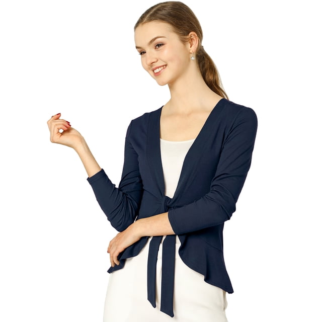 INSPIRE CHIC Cardigan en Tricot à Nouer à l'Avant pour Femme d'Halloween, Manches Longues, Ourlet à Volants, Ouvert, S Bleu