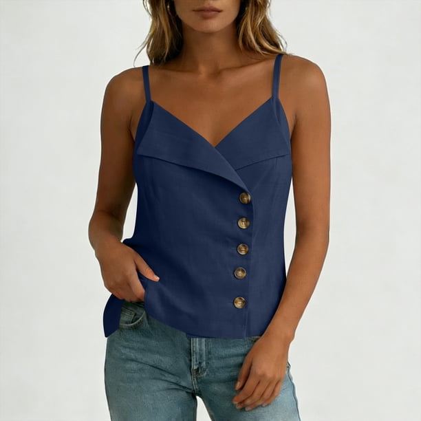Aezemi Women's Spaghetti Strap Cami Tops, Asymmetrical Button