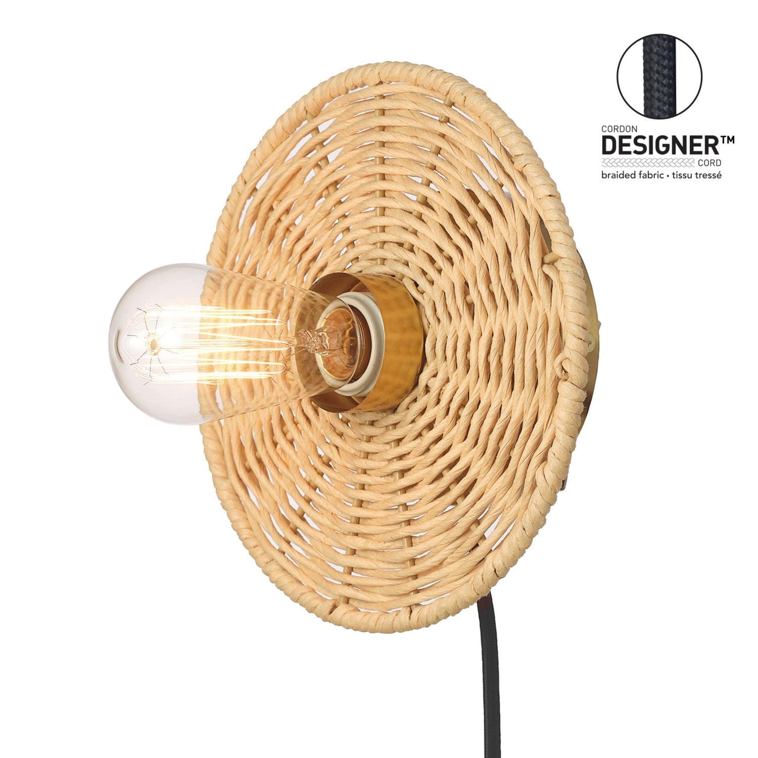 Applique murale enfichable ou fixe à une ampoule avec base en ficelle naturelle, 91004441