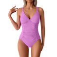 thumbnail image 2 of UPPADA Women's V-Neck One Piece Swimsuit Ruched Tummy Control Bathing Suit One Piece Cute Solid Color Swimsuit Casual Basic Shoulder Straps Swimwear Clearance Purple,Xxl, 2 of 8