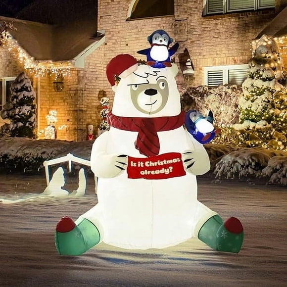 Nifti Nest 6 Ft Tall Merry Bear with 2 PCS Penguin Decorations, Funny Built-in LED Lights Large Outdoor Christmas Holiday Blow ups