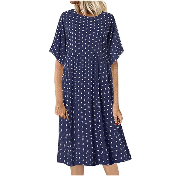 LOVZFMLL Summer Casual Dresses for Women Crew Neck Cap Sleeve Polka Dots Midi Dresses Loose Beach Vacation Daily Wear T-Shirt Dresses Navy 3XL