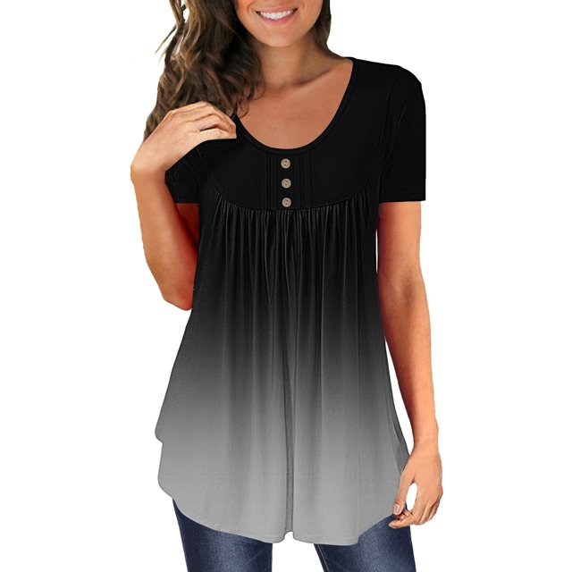 Baberdicy Ruched Tunic Tops for Women - Casual Short Sleeve Blouses (Leggings Matching, Spring/Summer Outfits) Black L