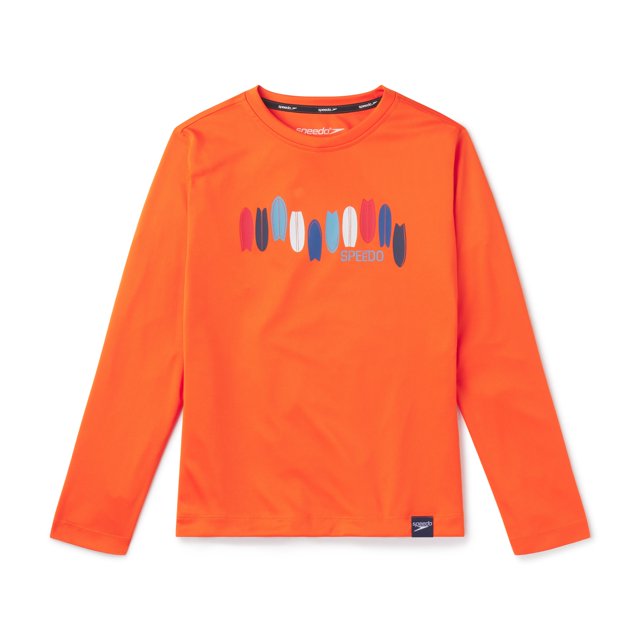 Speedo Boy's UV Protection Graphic Long Sleeve Crew Neck Rashguard Swim Shirt - Scarlet Ibis, Size L