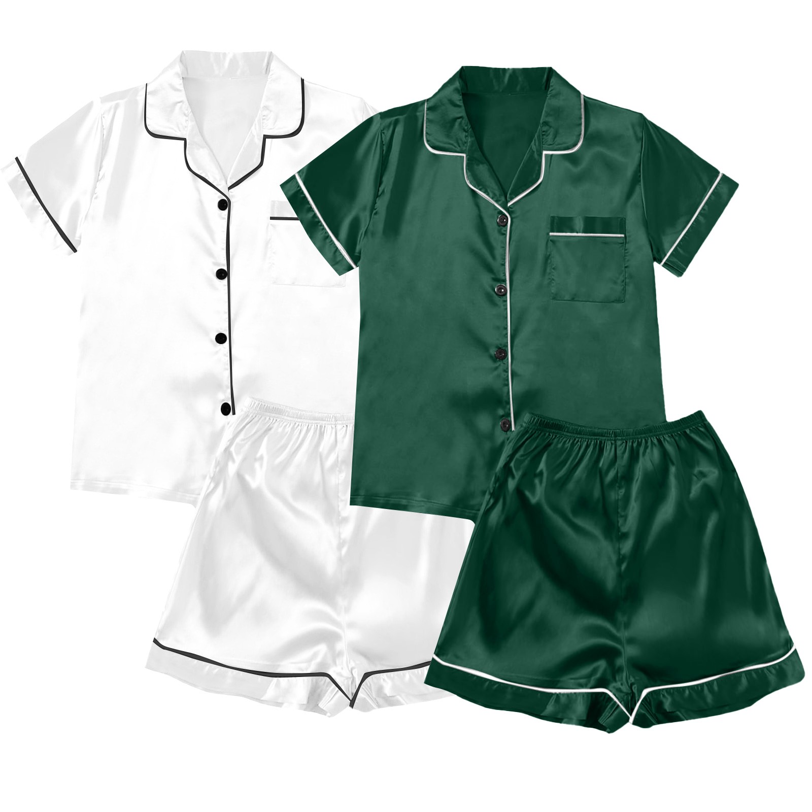 ZJXFGS Sleepwear for Women, Women Pajamas, Satin Pyjamas Women's Short 4 Piece Pyjamas Short Sleeve Sleepwear and Shorts Set Women Leisure Suit Loungewear, Short Pajama Set for Women White L