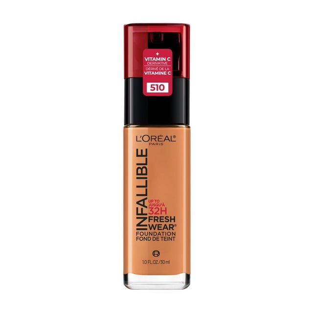 Oréal Paris Infallible L' Fond de Teint Liquide Fresh Wear, Couvrance Totale Teinte 510, dans une Bouteille Rectangulaire en Verre Transparent avec Pompe Noire et Bouchon Translucide Rouge, Enrichi en Dérivé de Vitamine C pour un Port jusqu'à 32 Heures, volume de 30 ml.