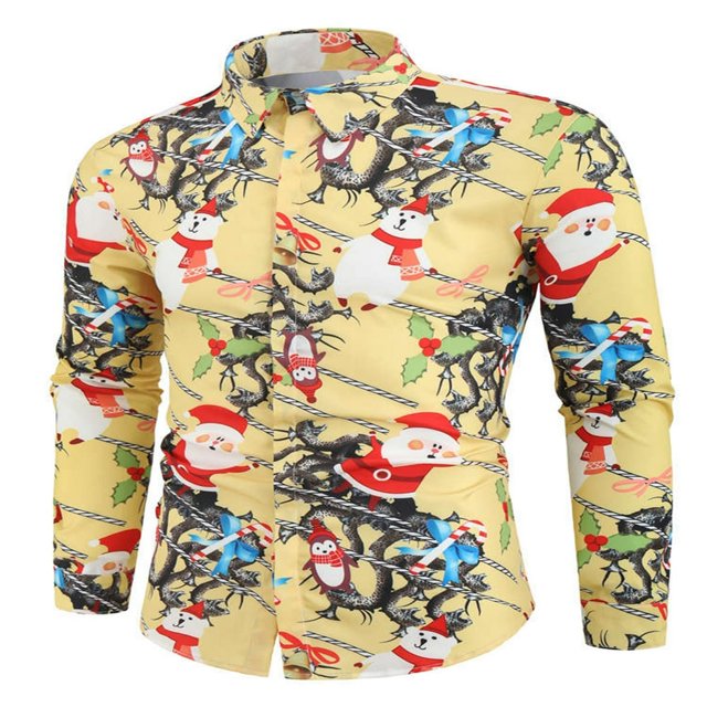 Men‘s Christmas Dress Shirts Fun Printed Long Sleeve Regular Fit Button Down Shirts Light Blue M