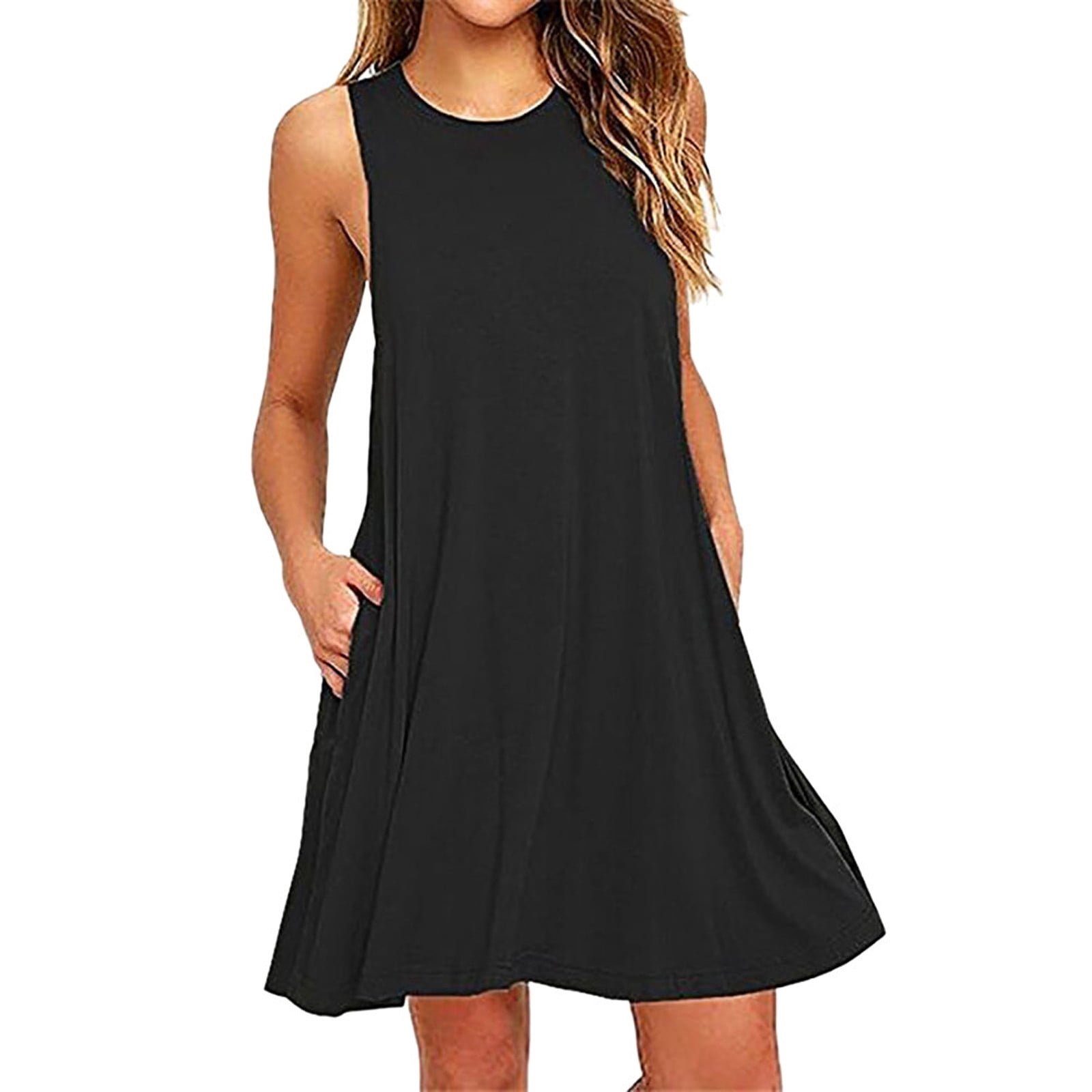 yievot Robe T-Shirt Décontractée d'Été pour Femme, Sortie de Plage, Robe Débardeur Plissée Unie, Noir, M