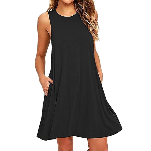 yievot Robe T-Shirt Décontractée d'Été pour Femme, Sortie de Plage, Robe Débardeur Plissée Unie, Noir, M