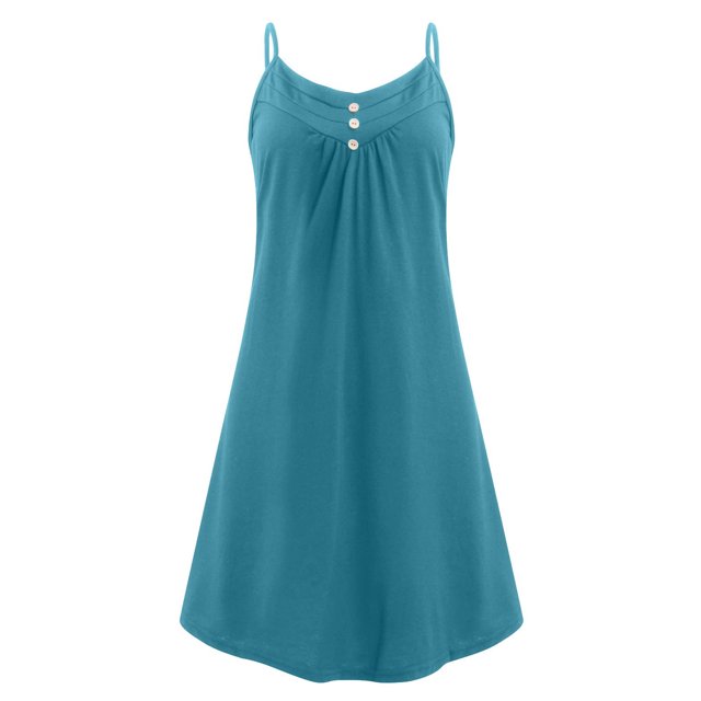 Innerwin Strappy Slip Dresses Spaghetti Strap Ladies Short Mini Dress Party Button Baggy Swing A-Line Sundress Lake Blue S