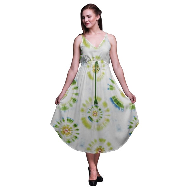 Bimba Robe Midi Imprimée Teinture sur Nœuds pour Femmes Été Col en V Tenue de Vacances-TTG