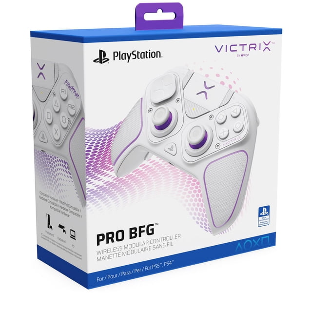 PDP Victrix Pro BFG Manette Sans Fil - Blanche pour PlayStation 5 dans un Emballage de Vente au Détail Montrant une Manette Modulaire Sans Fil Blanche avec accents Violets, Poignées Texturées et Boutons Interchangeables, compatible avec les consoles PS5 et PS4.