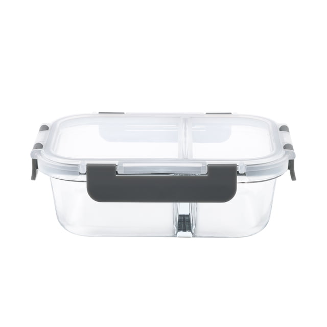 Mainstays Rectangle Glass Food Storage Container with Divider 590ML. Centered front-facing borosilicate glass rectangular container with visible internal divider and clear lid indicating airtight seal, 590 mL capacity for meal prep and leftovers, oven safe to 752°F (400°C), microwave-, freezer- and dishwasher-safe; BPA-free and FDA-approved, also suitable for organizing pre-portioned sauces or snacks.