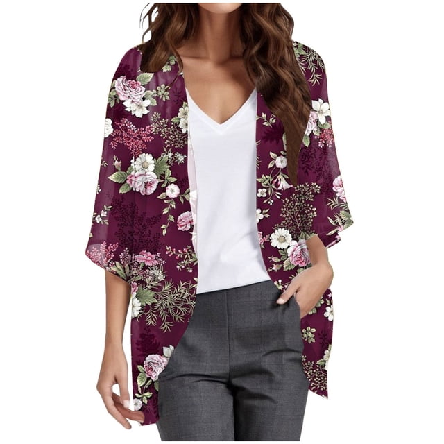 2025 Cardigan Kimono à Manches Bouffantes à Imprimé Floral pour Femmes, Cardigan Ample pour Femmes, Cardigan d'Été Léger et Ample, Couvre-Maillot, Blouse Décontractée, Chandails et Cardigans pour Femme