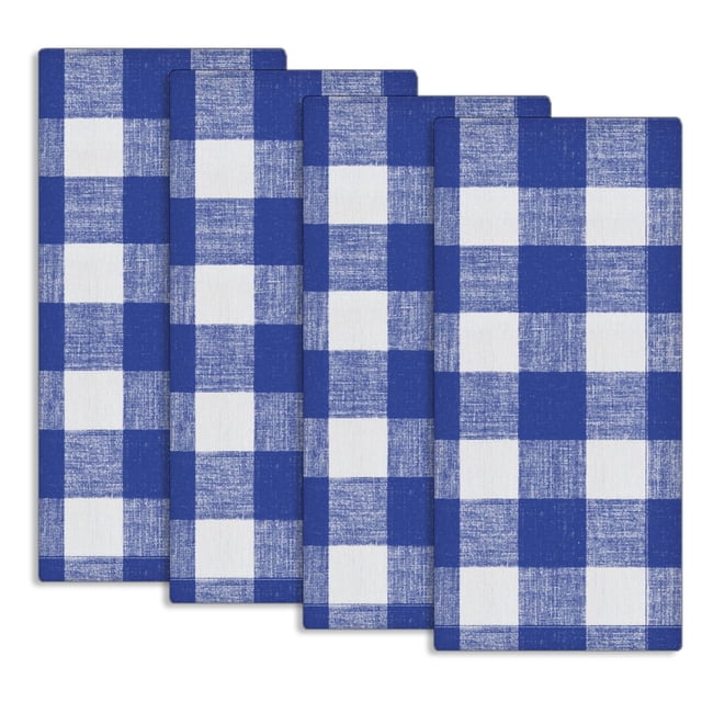 Fabstyles Country Check Cotton Set of 4 Kitchen Towel in blue and white check cotton fabric, each 18x28 inches, neatly folded and aligned, suitable for drying dishes or adding a decorative touch to kitchen linens.