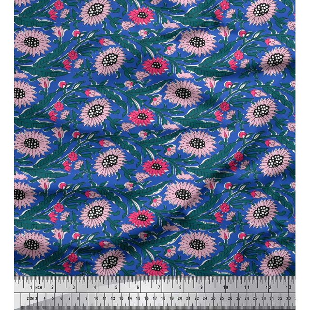 Soimoi Georgette Viscose Fabric Leaves & Floral Block Print Sewing Fabric Yard 42 Inch Wide