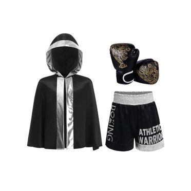 Moggemol Kids Boys Metallic Trim Boxer Robe with Gloves Set for Carnival Theme Party Boxing Practice Black Silver 16