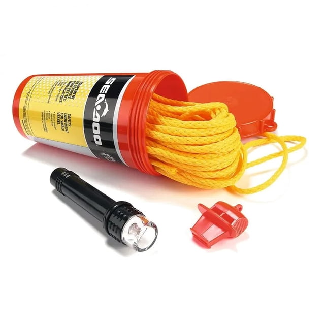 BRP Sea-Doo OEM Safety Equipment Kit, 295100330, featuring a bright orange watertight container holding a 50-foot (15 m) buoyant heaving line, a black flashlight, a red whistle, and a bailer. Designed for watercraft safety and preparedness, this kit is ideal for boating, fishing, and watersport activities.