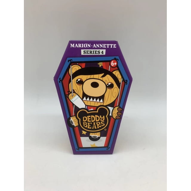 Deddy Bear Series 4 Plush Coffin Marion-Annette, a wooden puppet bear with black hair and sharp teeth, displayed on a purple coffin-shaped box with red and blue borders, suitable for ages 6 and up, ideal for collectors of plush toys.