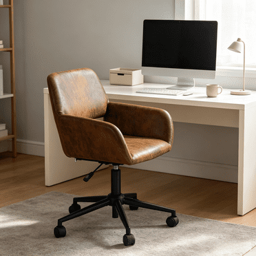 Homy Casa Ergonomic Brown Office Chair, Upholstered 360° Swivel Desk Chair with Adjustable Height, Arms and Wheels