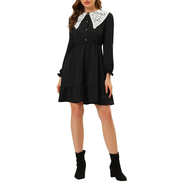INSPIRE CHIC Robe Rétro pour Femme à Ourlet Volanté, Ligne A, Dentelle, Panneau, Col Peter Pan, Noir, TG