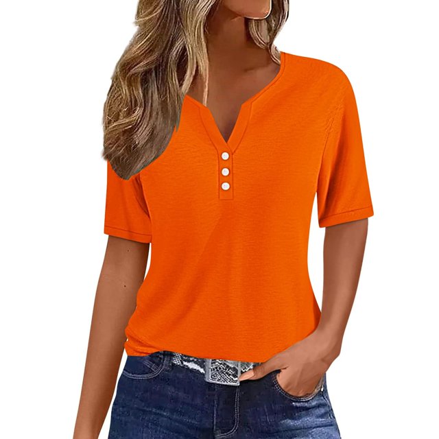 Yuyuzo Womens Summer Tops Notch V Neck Button Tunic Tops Short Sleeve Loose Summer Basic Tee Shirts