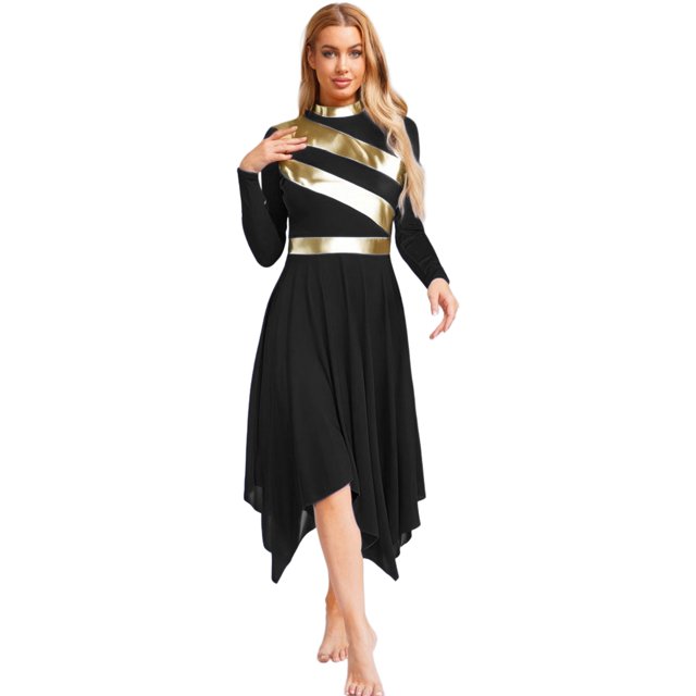 Hansber Robe de Louange Métallisée pour Femmes à Manches Longues, Ourlet Irrégulier, Tunique, Costume de Performance, Noir, P