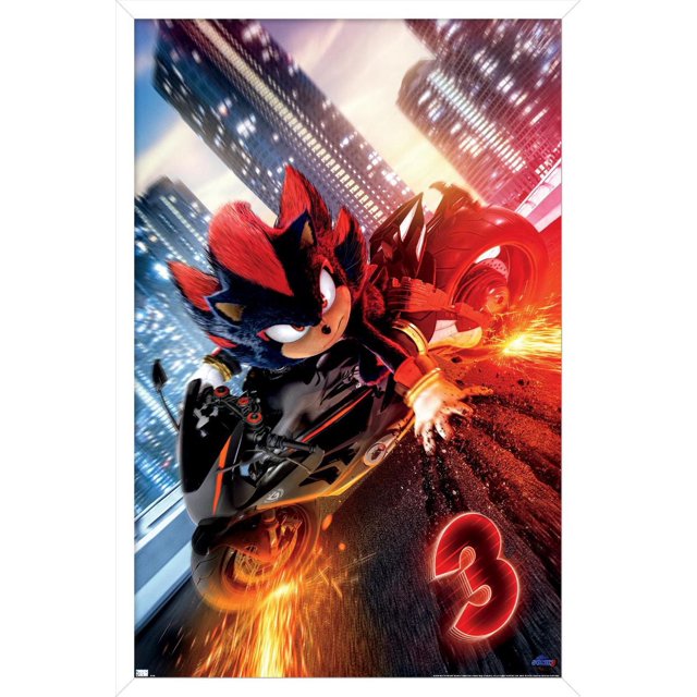 Sonic the Hedgehog 3 - Shadow Motorcycle One Sheet Wall Poster, 14.725" x 22.375" framed, depicting Shadow the Hedgehog on a black and red motorcycle with sparks flying from the rear tire on a city street at night with illuminated skyscrapers, featuring a glowing red number 3 on the asphalt, suitable for vibrant wall decor in bedrooms or offices.