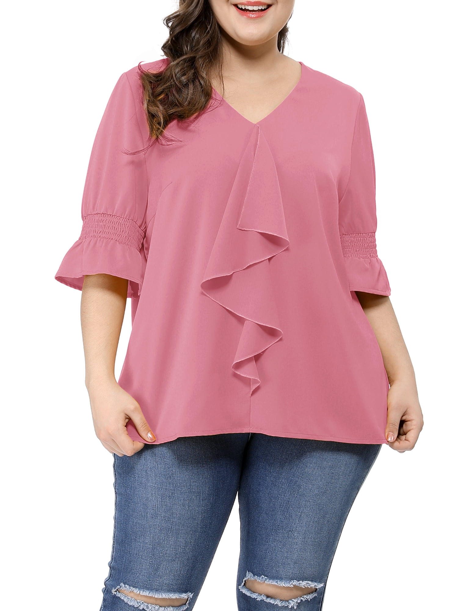 GRACE & GRANDEUR Women's Plus Size Blouse Ruffle Front Smocked Sleeves V Neck Solid Casual Tops 2X Pink