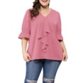 thumbnail image 1 of GRACE & GRANDEUR Women's Plus Size Blouse Ruffle Front Smocked Sleeves V Neck Solid Casual Tops 2X Pink, 1 of 7