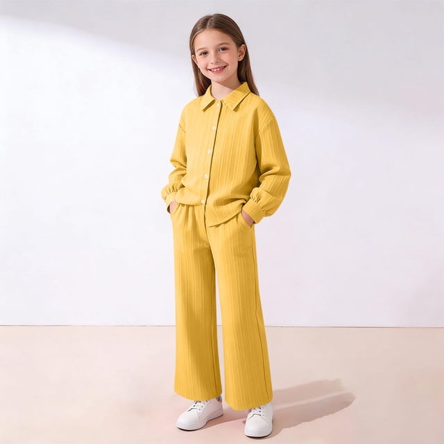 EGNMCR Long Sleeve Turndown Collar Set Children's Solid Color Long Sleeve Turn-Down Collar Button-Up Top With Elastic Waist And Pockets And Pants Set Girl polyester set