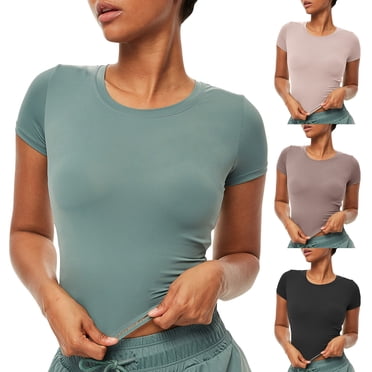 T-shirt de Sport pour Femmes Court Moulant Col Rond Manches Courtes Séchage Rapide Respirant Course Gym Yoga Haut