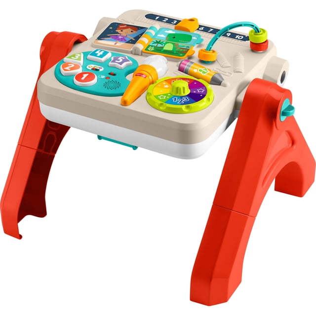 Fisher-Price Table d'Activités 4-en-1 et Chevalet avec Dessus beige et Pattes Rouges, avec Boutons Numériques Interactifs, Roue de Couleur Rotative, microphone, Rouleau pour Crayon, Barre de Perles et Livre à Retourner avec images Colorées, Conçu pour les Activités pour Bébé et le Développement des Habiletés Motrices chez les Tout-Petits.