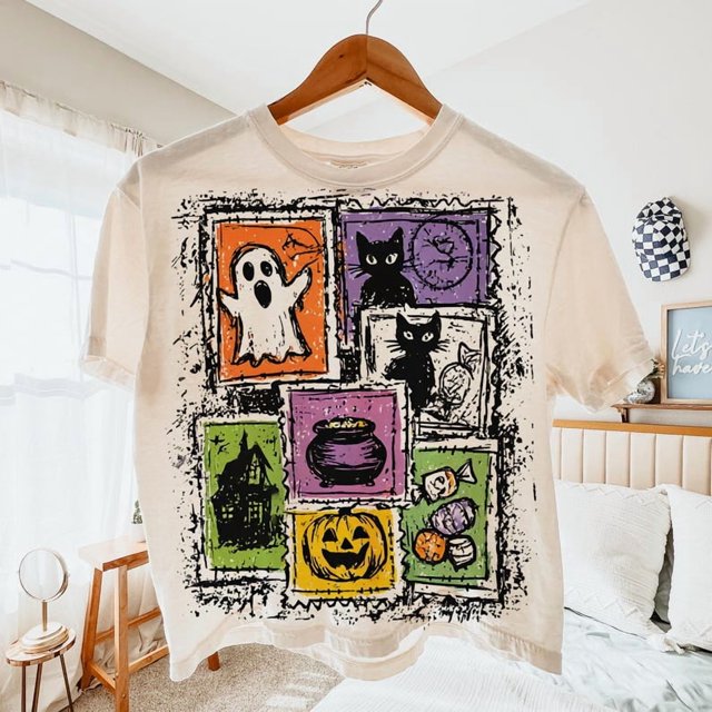 Chandail Rétro d'Halloween avec Chat et Fantôme, Chandail d'Halloween Girly, Chandail d'Automne, Chandail d'Halloween, Chandail de Saison Effrayante, Citrouille d'Halloween, Chandail de Maman Effrayante
