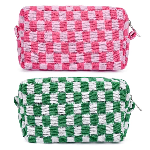 Sin 2 Pieces Makeup Bag Checkered Cosmetic Bag (Pink Green) Makeup Pouch Travel Toiletry Bag Organizer Cute Makeup Brushes Storage Bag for Women Girls