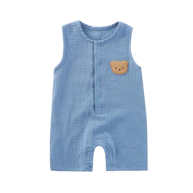 Baby Romper for Newborns and Infants, Sleeveless Short Climbing Bear Embroidered Gauze, Breathable and Sweat-Absorbing, Double-Layer Concealed Button Design for 3 Months to 2 Years