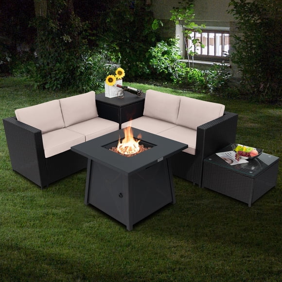 Patiojoy Ensemble de Mobilier de Patio Extérieur 5 Pcs avec Table de Foyer au Propane 50 000 BTU, Ensemble de Conversation en Osier PE pour Patio avec Coussins, Coffre de Rangement et Table Basse en Verre Trempé Beige