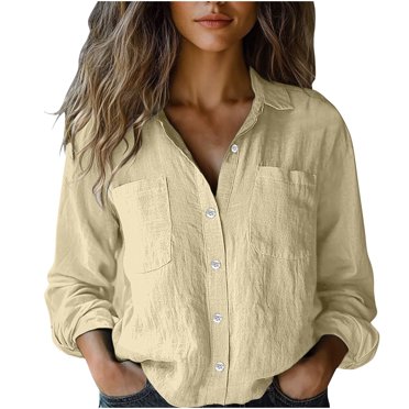 hotojiny Chemise Boutonnée pour Femmes Décontractée Mode Col Manches Longues Hauts de Travail Printemps Ample Couleur Unie T-Shirt de Bureau avec Poches