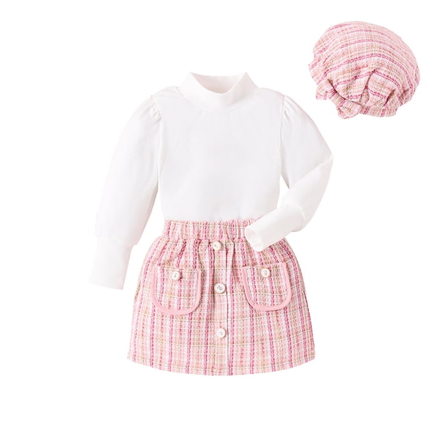 Penkiiy Ensemble Jupe 3 Pcs pour Tout-Petites Filles Tenue d'Automne Hiver pour Filles Robe Douillette Ensemble de Vêtements avec Béret 5-6 Ans Rose
